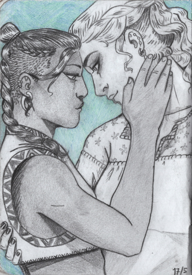 A grey pencil drawing of Beauregard Lionett and Yasha Nydoorin from Critical Role. They are both shown in profile, facing each other, Beau on the left, Yasha on the right side of the image. Yasha bends over slightly to press her forehead against Beau's, and looks at Beau's eyes. Her body is turned toward the viewer and her right hand rests on Beau's back. Beau on the other hand looks at Yasha's lips, and strokes the side of Yasha's face and neck with her right hand. Her lips are slightly pouted. They both wear soft smiles. Beau has her hair in a long rope braid, the top of which is tied up in an bun. One untied lock of hear is tucked behind her right ear. She wears a light coloured sleeveless crop top with triangle patterns on the collar, around the arm hole and the bottom. Yasha has her hair tied up in a high pony tail with a thick braid at her temple. She wears a loose white shirt with a flower pattern on the top portion.