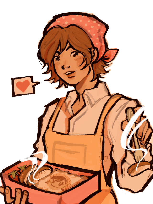 a drawing of cooking mama, drawn in a semi-realistic style. she is smiling, holding a lunch box with rice, chicken strips and cherry tomatoes on one hand and a fork with chicken om the other