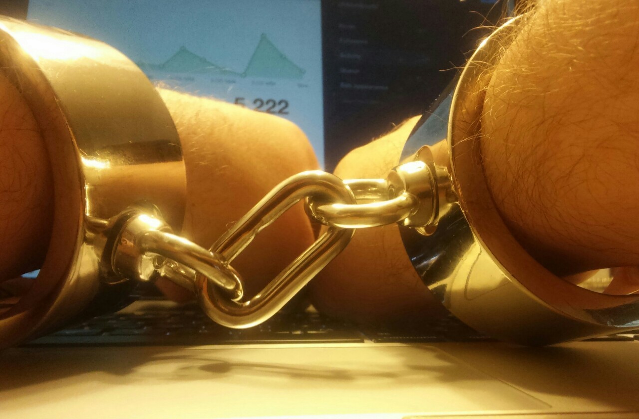 chainedboy82:  I had to call in sick today, so Owner put me in slave manacles until