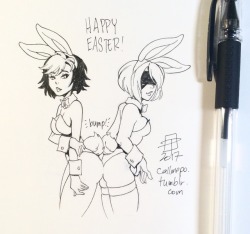 callmepo: Bunny booty bump.   Tiny doodle of bunny girls Gogo and Yorha 2b  ;9