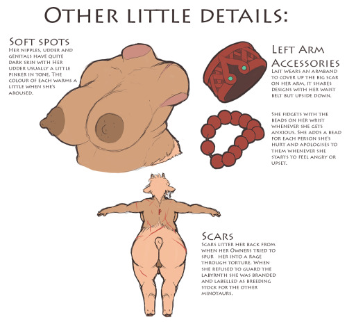 red-valentine:  I finished tidying up my cow-minotaur cleric Lait for my D&D game. Other little items to note: -She was a minotaur owned and used to guard a dungeon of a villanous group. But when her captors found that she was a pacifist and refused