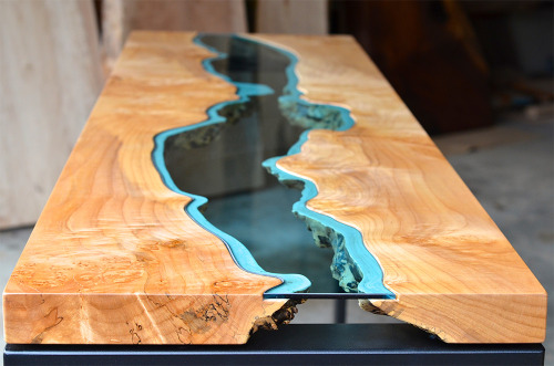 itscolossal:Table Topography: Wood Furniture Embedded with Glass Rivers and Lakes by Greg Klassen