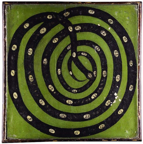 Very Rare Green And Black Painted Wooden Double-sided Numerical Snake Motif Gameboard.New England, Mid-19th
