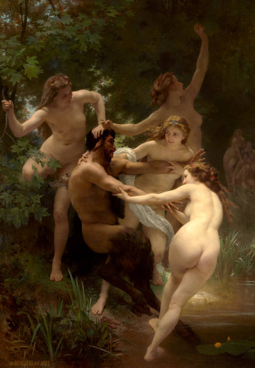 mysteriousartcentury:William-Adolphe Bouguereau (1825-1905), Nymphs And Satyr, 1873, oil on canvas, 260.4 x 182.9 cm. The Clark Art Institute-Three nymphs playfully drag a Satyr into a woodland pond, while a fourth calls to her companions in the distance.