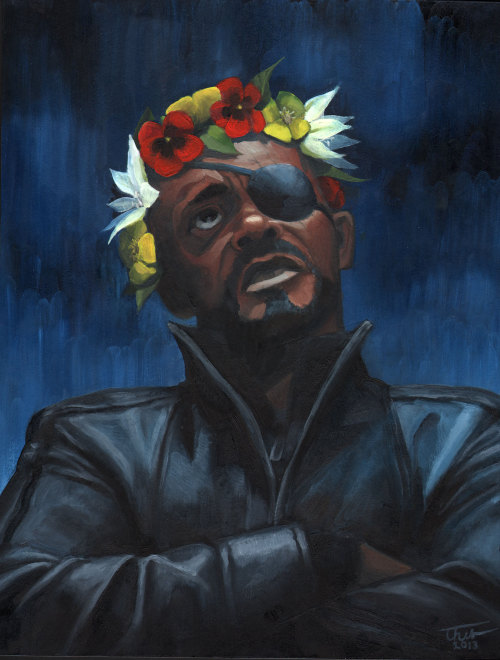 maskedfangirl:So that happened. Nick Fury with a flower crown, oil on illustration board, 11x14”. 