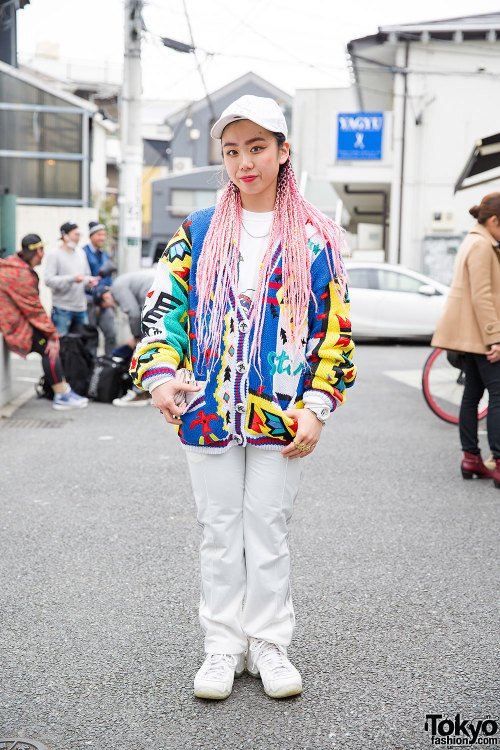Maina from the influential Harajuku vintage boutique Pin Nap with pink braided hair, a 1980s No! Jea