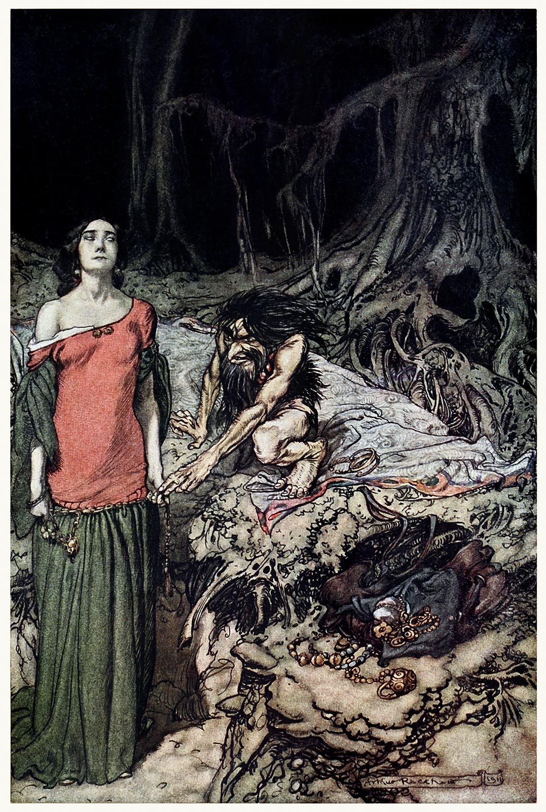 oldbookillustrations:  The wooing of Grimhilde, the mother of Hagen. Arthur Rackham,