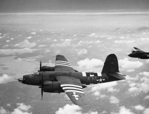386th Bomb Group B-26s in flight over the Normandy coast, 6 June 1944