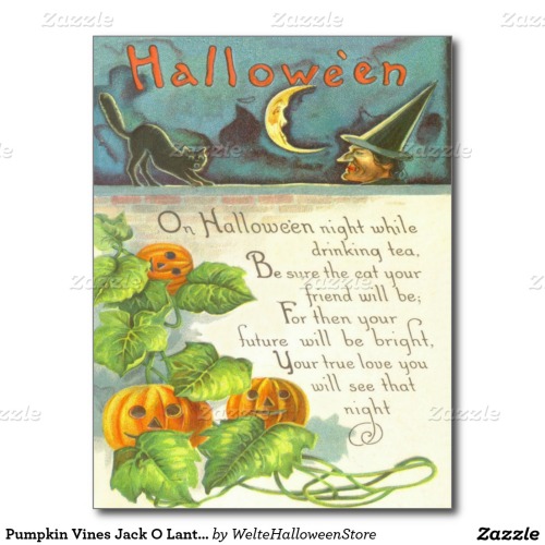 Pumpkin Vines Jack O Lantern Witch Black Cat Postcard - $1.10 Made by Zazzle Paper Vintage Halloween