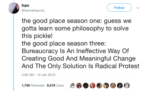 closet-keys:[id: two tweets by @hannahsaund_ reading “the good place season 1: wow someone bad ended