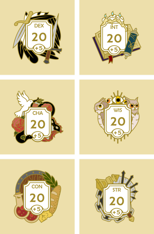 doizedemos: The current lineup for this enamel pin series of awesome ability scores. 