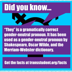 transstudent:  Singular “they” is a correct gender-neutral pronoun! Don’t let anyone tell you otherwise. Learn more. Click here to retweet. Click here to share on Facebook. 