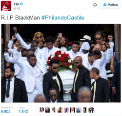 mainmanblackdynamite: trublulotus:  ghettablasta:  hustleinatrap:    Pallbearers carrying the casket of Philando Castile left St. Paul Cathedral with their fists raised after Castile’s funeral Thursday afternoon. Castile was killed by a police officer