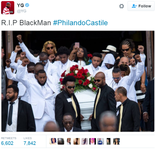 6-47pm:  thenfamousgabe:  haelroyale:  afrorevolution:  xo-melanin:  ghettablasta:  hustleinatrap:    Pallbearers carrying the casket of Philando Castile left St. Paul Cathedral with their fists raised after Castile’s funeral Thursday afternoon. Castile