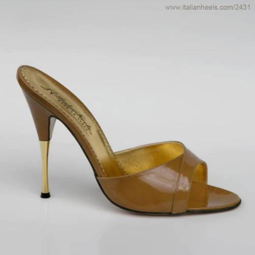 Hazelnut patent leather mule slipper metal heels. www.Italianheels.com/2431 #highheels #heels #itali