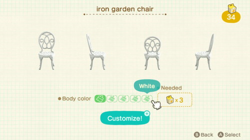 Item: iron garden chair# of customizations: 5Customization names: green, blue, brown, black, whiteCu
