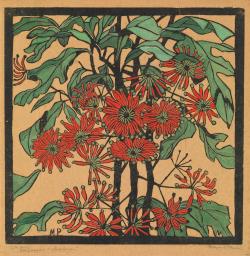 design-is-fine:  Margaret Preston, Wheel Flower – Stenocarpus, 1929. Hand-coloured woodcut. National Gallery of Victoria, Melbourne. © Margaret Preston / Licensed by VISCOPY, SydneyPreston was a prominent and vocal figure within the contemporary art