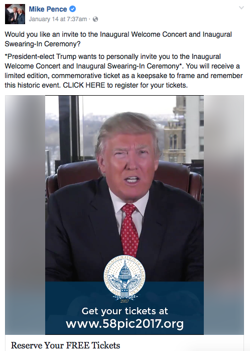 questionable-motifs: micdotcom:  Trump is offering free tickets to his inauguration — and it’s totally backfiring Trump and Mike Pence took to Facebook over the weekend to invite supporters to their inaugural festivities on Jan. 19 and Jan. 20. Yet