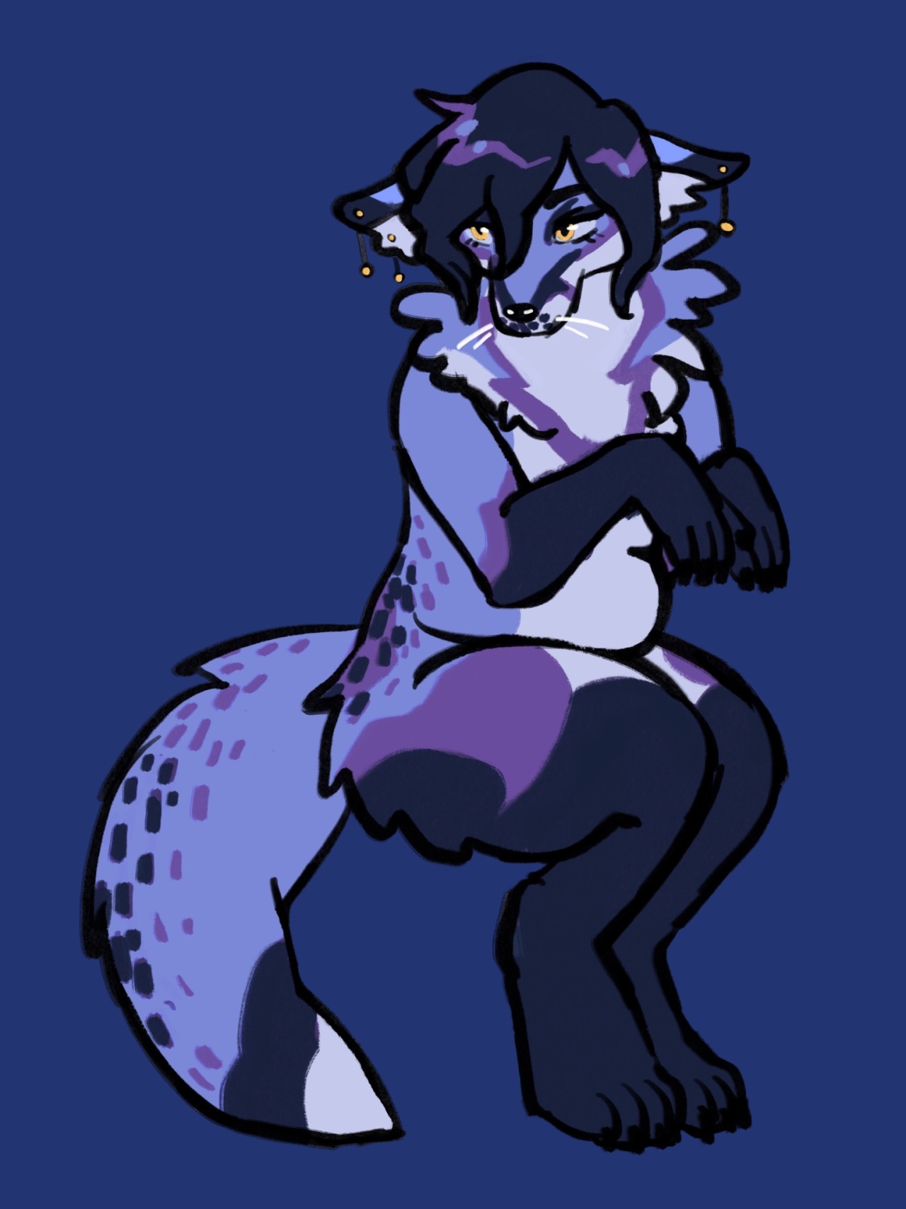 a blue white and black anthropomorphic fox