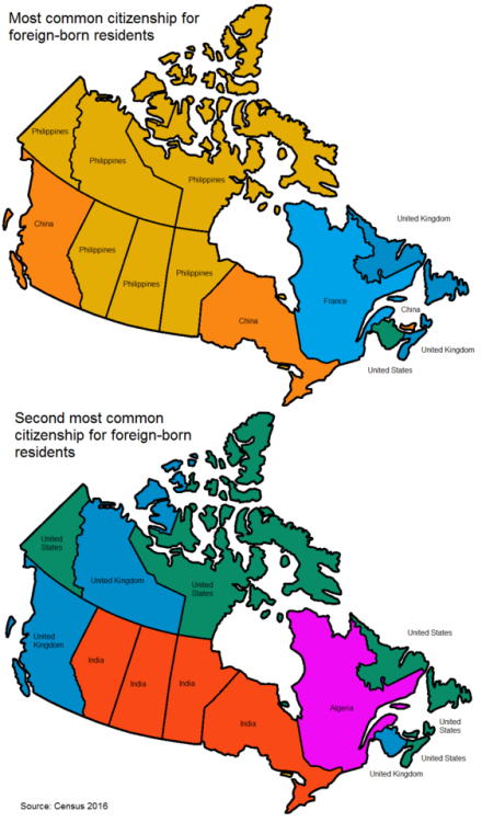 mapsontheweb:Most common sources of immigrants by Canadian province.