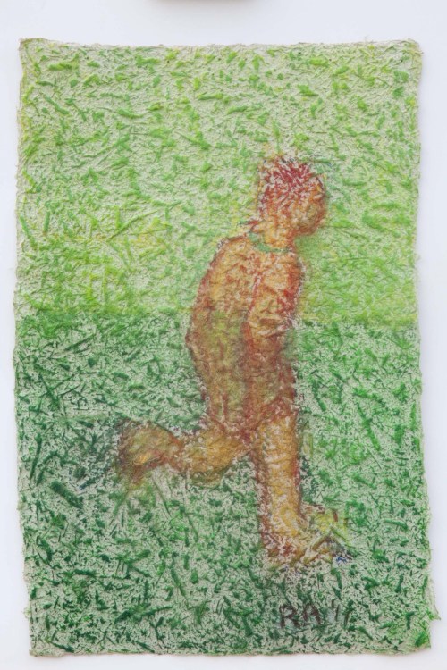 topcat77:Richard Artschwager “Man Running (Orange 1)” (2011) oil pastel on handmade paper