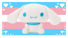 a stamp with the trans flag behind an image of cinamaroll, with white hearts in the corners