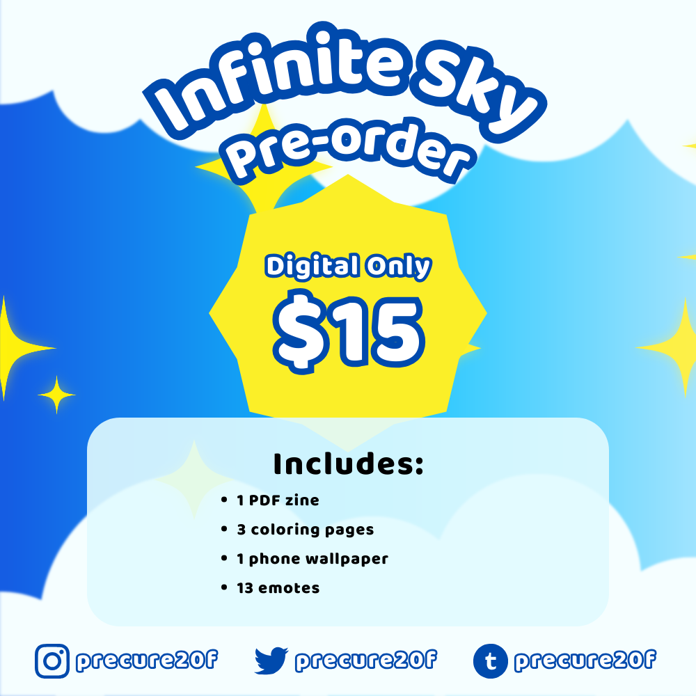 Habatake! bundle 1: Infinite Sky - $15  This bundle includes: 1 PDF zine, 3 digital coloring pages, 1 phone wallpaper, and 13 emotes.