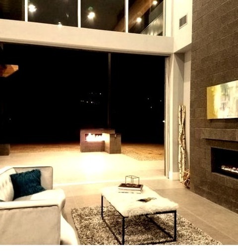 Modern Family Room - Home BarExample Of A Huge Minimalist Open Concept Porcelain Tile And Gray Floor