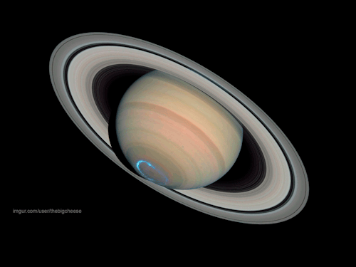 spaceplasma:  Aurora on Saturn  Streams of charged particles blasted from the sun collide with Saturn’s magnetic field, creating an aurora on the planet’s south pole. Unlike Earth’s relatively short-lived auroras, Saturn’s can last for days. Scientists