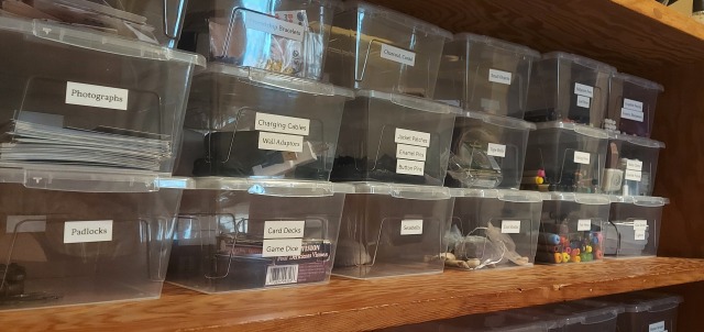 18 visible plastic bins lining a large bookshelf, all labeled as different art, craft, and makeup supplies, plus 'cool rocks' and 'seashells'