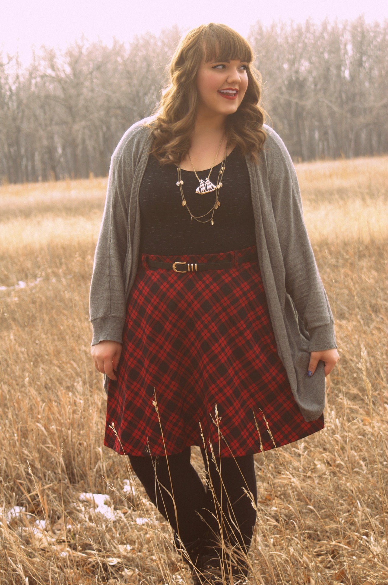 boundlessadventure:  Plaid and Christmas Skirt and Cardi: Torrid Tights and shirt: