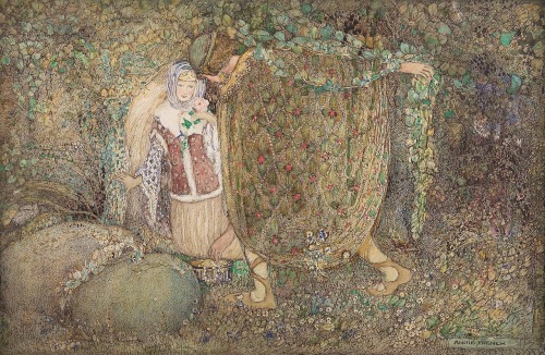 Tristram and Iseult.Pen and watercolour.23 x 36 cm.Art by Annie French.(1872-1965).