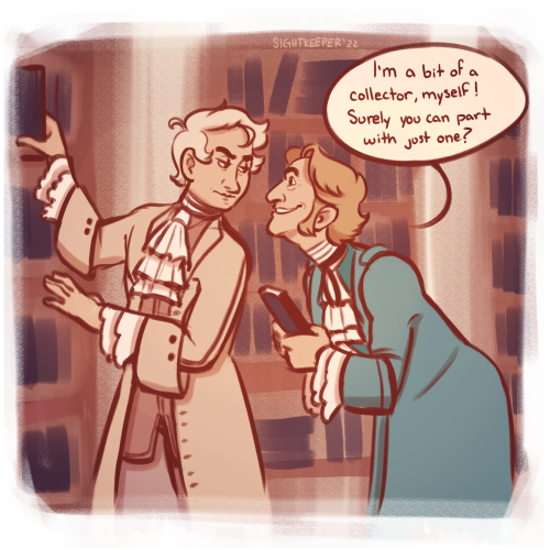 sightkeeper: Request for a patron of Stede trying to get a book from Aziraphale!So much swoosh and s