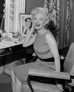ritamarlowe:  Marilyn Monroe during a press conference in her dressing room at 20th Century Fox on April 15, 1954. 