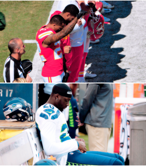 striveforgreatnessss:Players across NFL kneel or raise their fists during the playing of the nationa