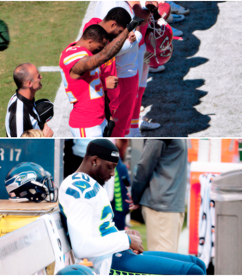 striveforgreatnessss:Players across NFL kneel or raise their fists during the playing of the national anthem before their games to draw attention to police brutality against minorities and spur conversations about social justice. 