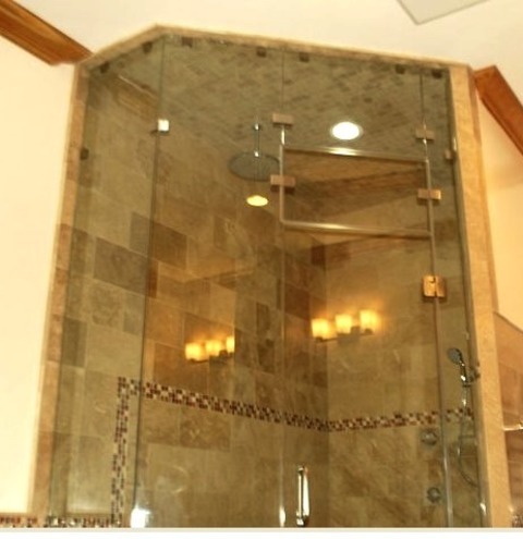 Raleigh SaunaBathroom - Huge Craftsman Beige Tile And Glass Sheet Travertine Floor Bathroom Idea With