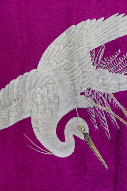 Sagi (heron) themed antique kimono outfit, pairing a refined murasaki shikibu(reddish purple) houmon