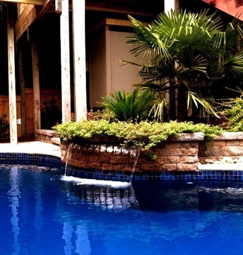 Contemporary PoolLarge Trendy Backyard Stone And Custom-shaped Pool Fountain Photo