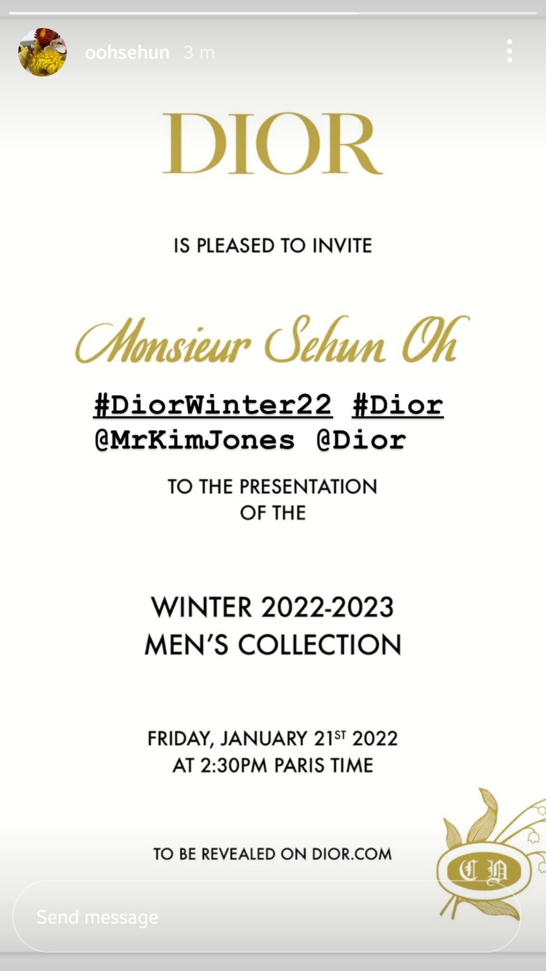 220121 | Sehun shows us on his Instagram story that he was invited to attend todays #DiorWinter22! ✨---cr: oohsehun #exo sehun#sehun exo#oh sehun#sehun oh#exo#sehun #exo sehun italia #220121#220121 sehun#sehun dior #sehun dior ambassador  #sehun dior man #sehunnie#sehunie#exol#exo-l #we are one #엑소#세훈#엑소세훈#오세훈