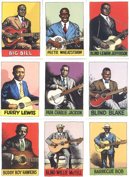 glitteringgoldie:Robert Crumb’s “Heroes Of The Blues” trading cards. It’s called “heroes” of the Blues because they were the God’s who created modern music as we know it. Someday I will own that R. Johnson card…I need him, Jaybird