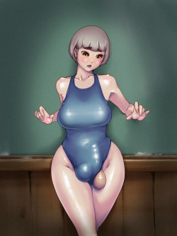 fullpackagetrap-sama:  I want to suck on that testicle, really really badly, untill she cums in that swimsuit and makes it all goey
