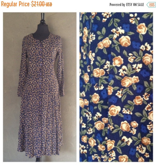 SPRING SALE 30% OFF Vintage 1990s Ditsy Floral Long Sleeve Rayon Maxi Dress S (f)