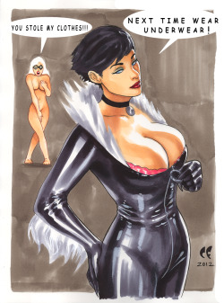 thefingerfuckingfemalefury:  wonderhawk:  thefingerfuckingfemalefury:  comixbookgurl:  Catwoman Steals Black Cat’s Outfit by ~daikkenaurora  Let’s just stop and ponder just how Selina got Felicia out of her clothes in the first place ;D  It makes