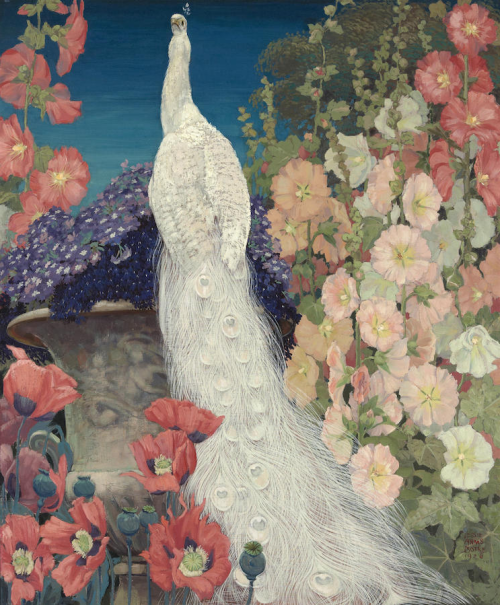 art-and-things-of-beauty:Jessie Arms Botke (1883-1971) - White peacock with hollyhocks and poppies, 