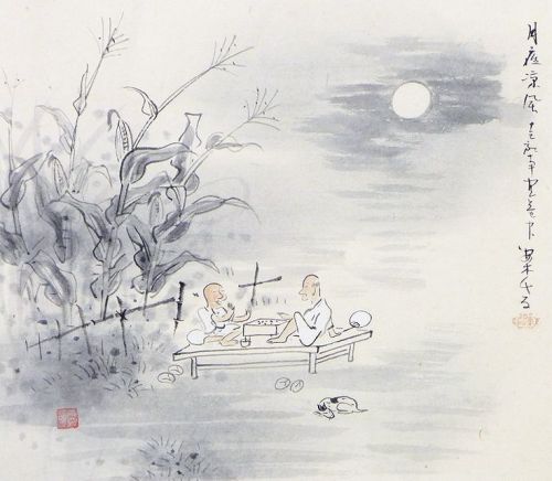 awakeningfromthedream: Tanaka Anzanshi 田中案山子 (1906-1970), Playing Go in Moonlight and detail (kakemo