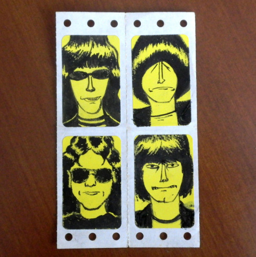  1-2-3-4! Ramones: Joey, Johnny, Tommy, Dee Dee, sketch, ink on sticker stamps, 2017. Follow my Inst