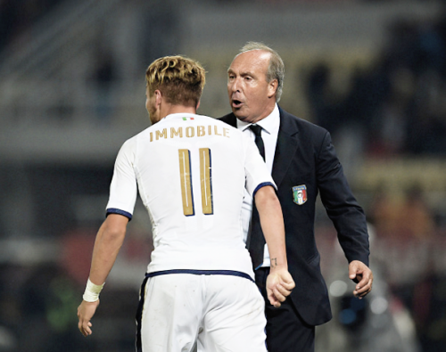 Ciro Immobile celebrates scoring a double with Italy in a 3:2 win against Macedonia