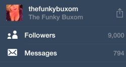 thefunkybuxom:  thefunkybuxom:  thefunkybuxom:  Wow 9000 followers!!  When I get to 10,000 I’ll have some special pics for you. Including some things you don’t normally see. But it will be a one time special set of pics. So reblog as much as you can