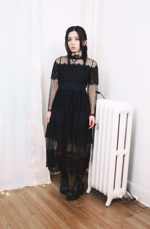 lovelyblasphemy: NINETTE: Tiered Lace Party Maxi Dress - Black UNIF: Rival Boots @rogueandwolf: Ecli